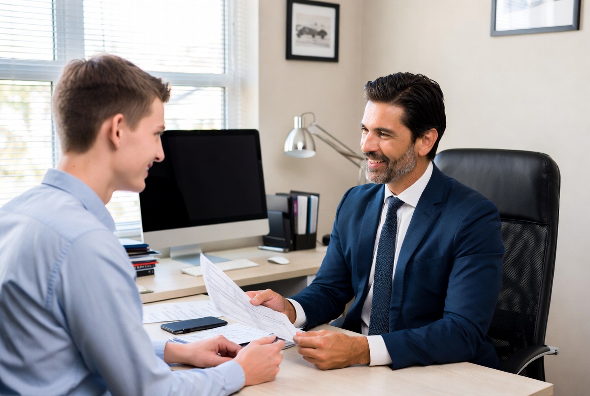 Mortgage broker reviewing loan terms with a smiling customer in an office setting